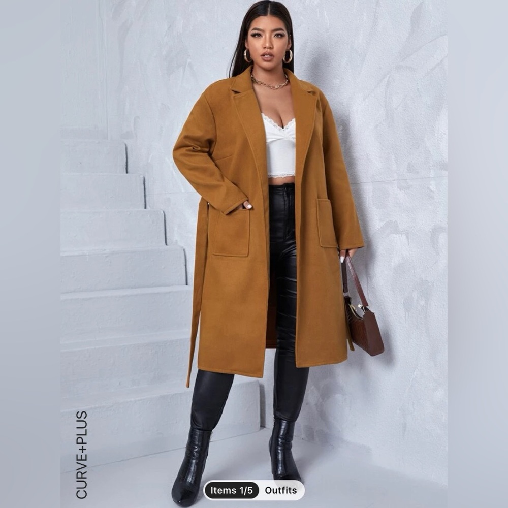 Plus Belted Dual Pocket Lapel Neck Solid Overcoat